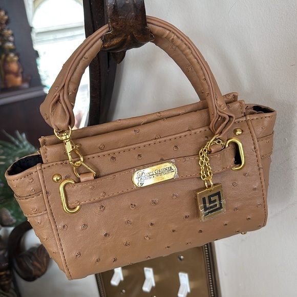 Lori Greiner Faux Ostrich Mini Bag Neutral Tan Zip Purse w/ Gold Tone Accents - Picture 8 of 15